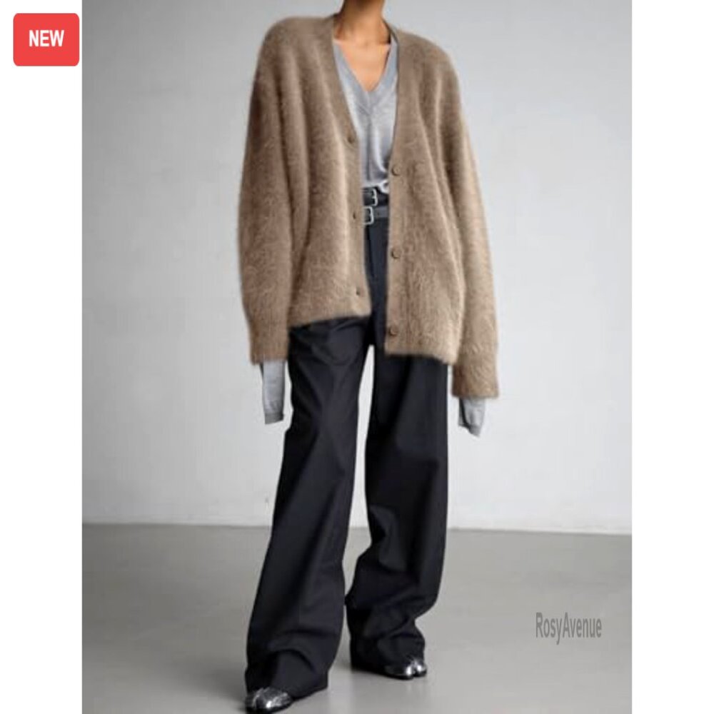 Women's Fuzzy V-Neck Cardigan Sweater Long Sleeve Button Down Slouchy Knit - Picture 6 of 8